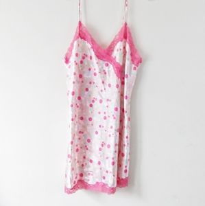 Pink Y2K satin polka dot lace trim lingerie top slip dress SZ EX 16/18